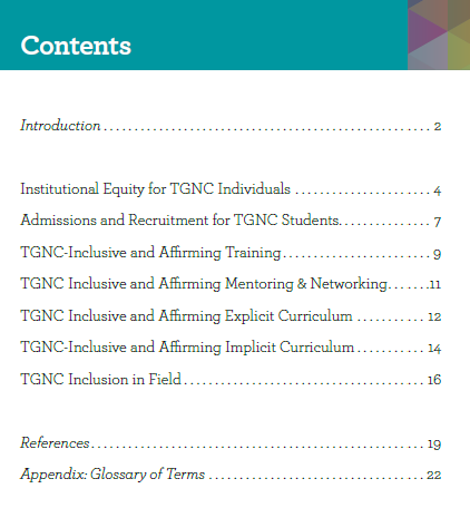 Contents page for the guideline